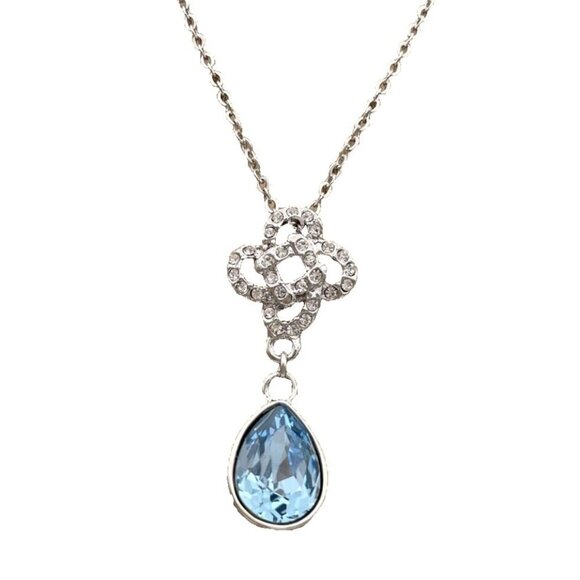 Blue & Clear Swarovski Crystal Teardrop Pendant 16" Silver-tone Necklace Swan - Picture 6 of 7